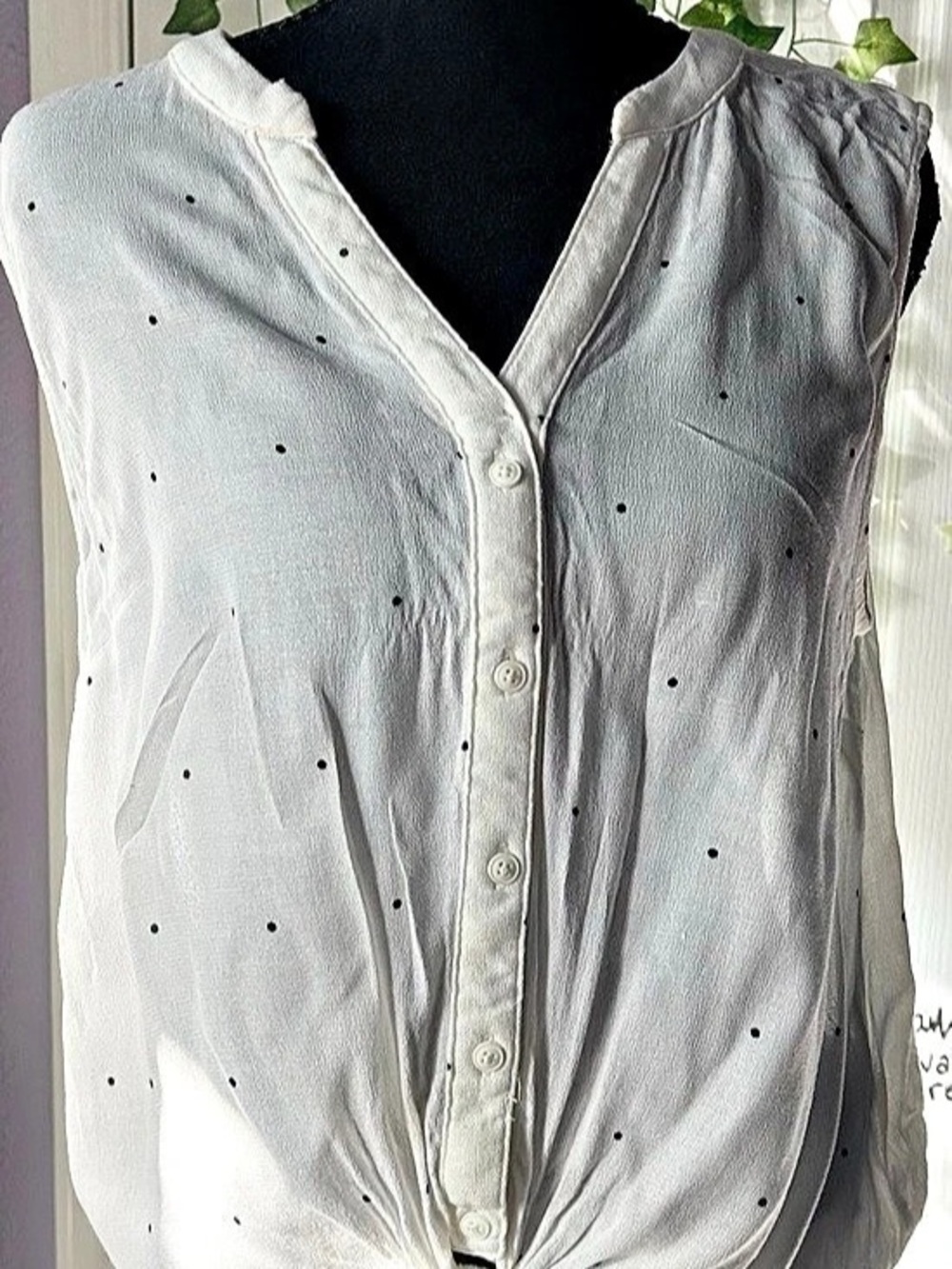 Lucky Brand Polka Dot Tie Front Top Blouse White & Black Small